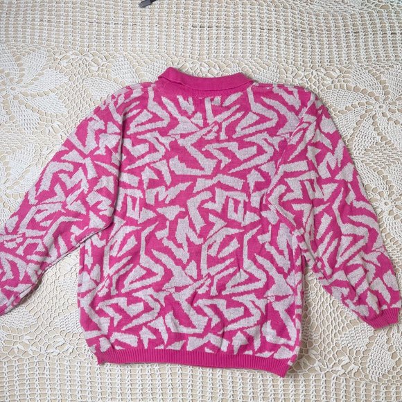 Vintage 1980s Transformer Women's  Medium Pink Glittery Knit Collared Sweater - Picture 2 of 4